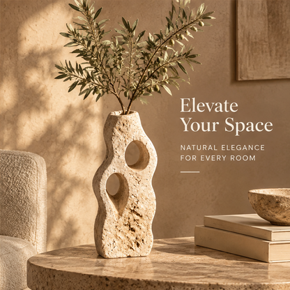 Elevate Your Space — travertine sculptural vase on marble table in living room, natural elegance for every room