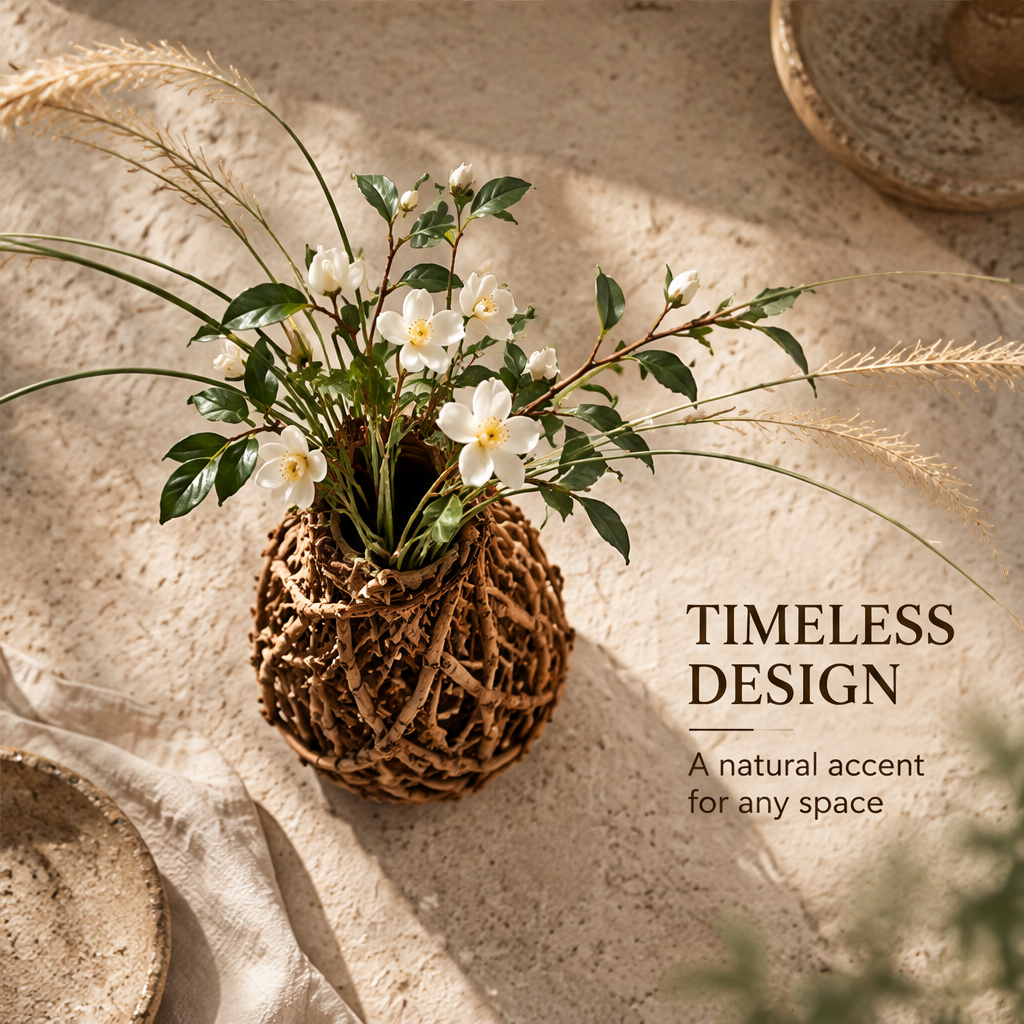 Timeless Design — a natural accent for any space, overhead view of woven branch vase on stone table with linen and ceramic plates