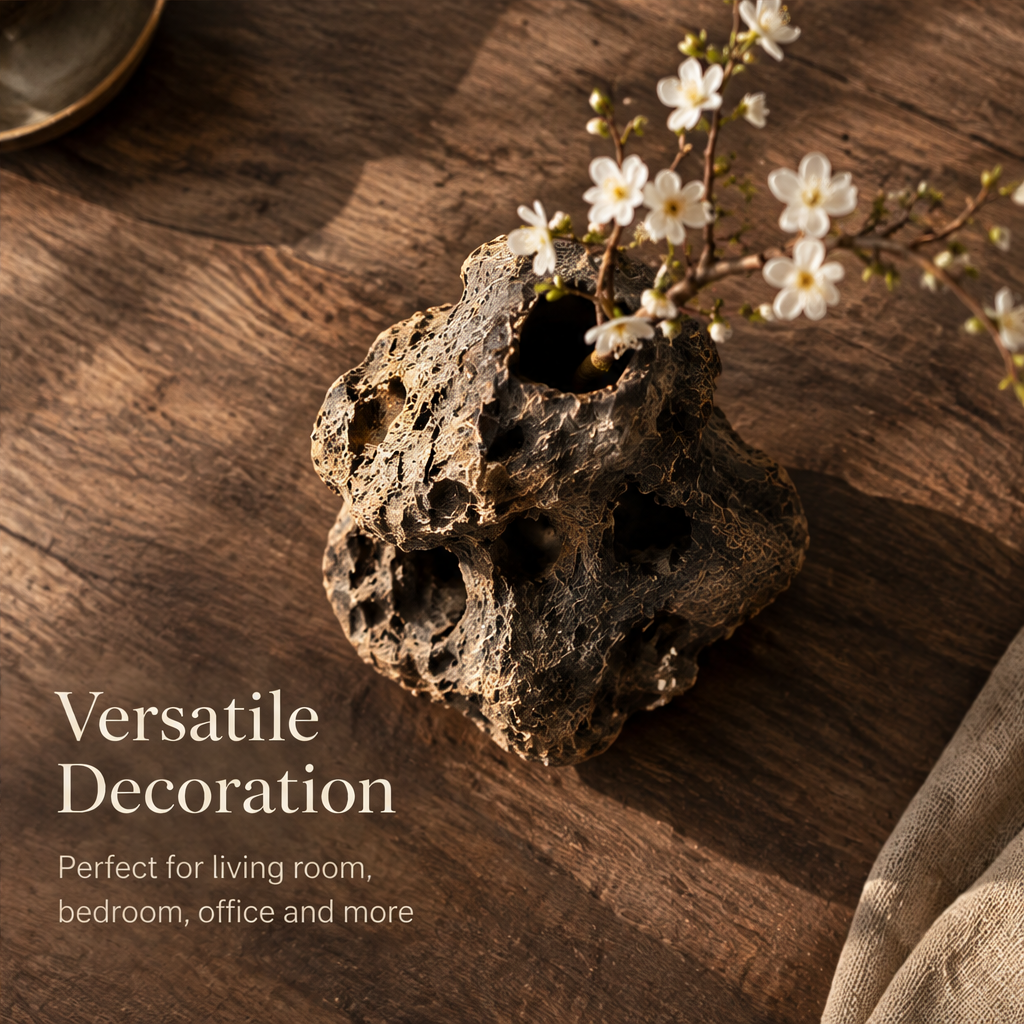 Versatile Decoration — perfect for living room bedroom office and more, top-down view of honeycomb wood vase on rustic wood table