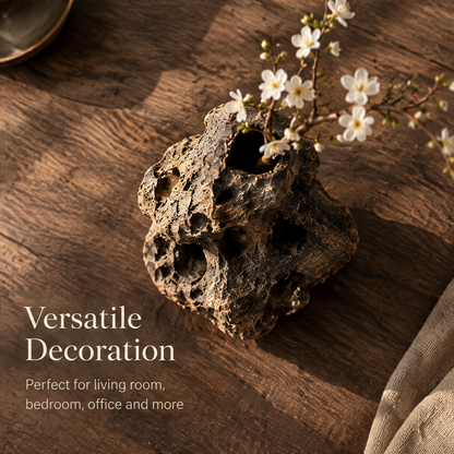 Versatile Decoration — perfect for living room bedroom office and more, top-down view of honeycomb wood vase on rustic wood table