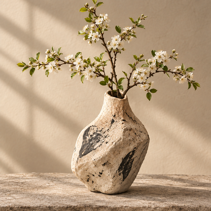 Clay vase with unique handmade design holding white blossoms, styled with books and a ceramic bowl in warm natural light