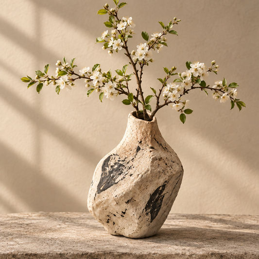 Clay vase with unique handmade design holding white blossoms, styled with books and a ceramic bowl in warm natural light