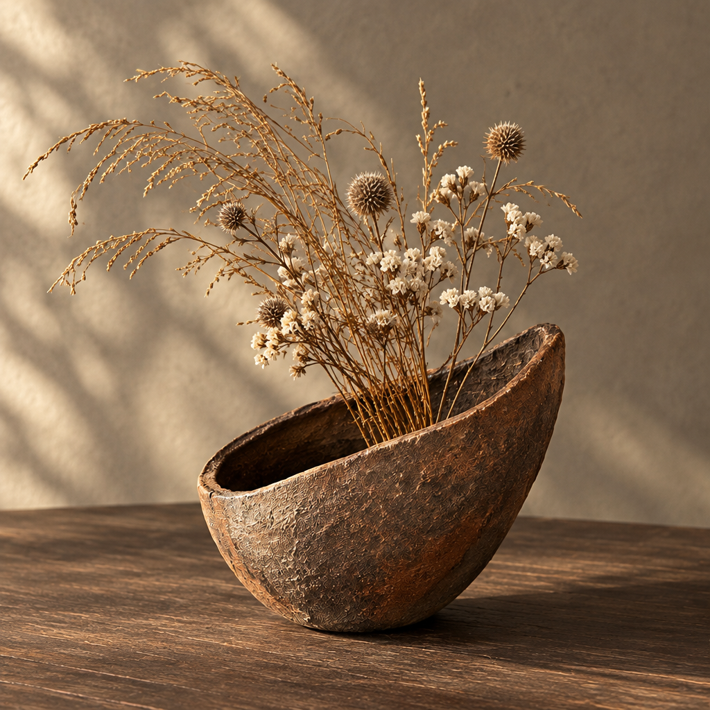 Handcrafted dark clay bowl vase holding dried grasses and wildflowers on a wooden surface — clean product shot