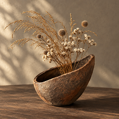 Handcrafted dark clay bowl vase holding dried grasses and wildflowers on a wooden surface — clean product shot