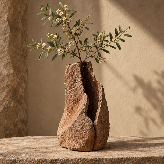 Split-peak raw stone sculptural vase with central fissure holding white flowering olive branches on stone surface — clean product shot