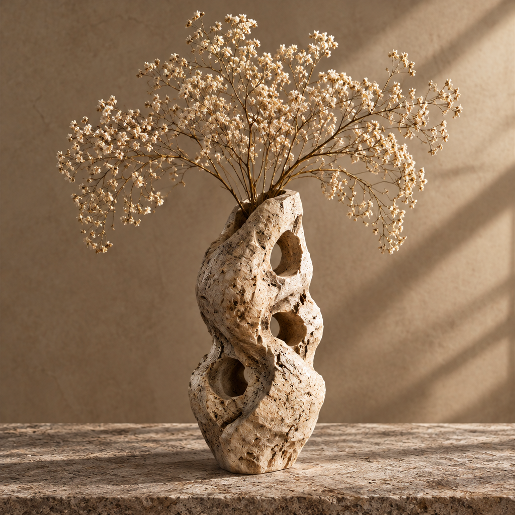 Tall organic multi-void travertine stone vase with three oval holes holding dried baby's breath on stone surface — clean product shot