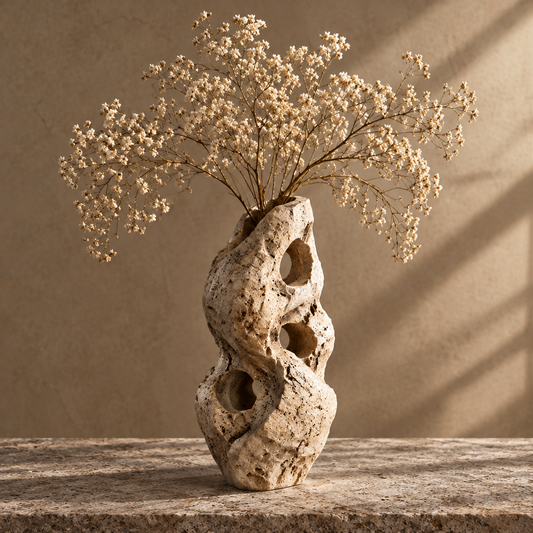 Tall organic multi-void travertine stone vase with three oval holes holding dried baby's breath on stone surface — clean product shot