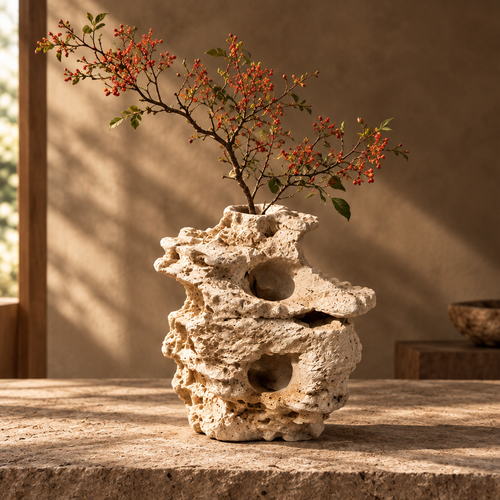 Coral-form multi-hole travertine stone vase holding red-berried branches on stone surface — clean product shot