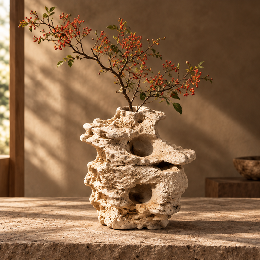 Coral-form multi-hole travertine stone vase holding red-berried branches on stone surface — clean product shot