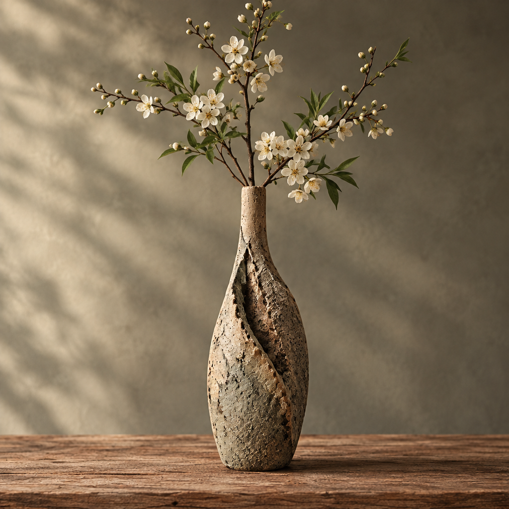 Handmade ceramic tall neck vase with crackled surface holding white cherry blossom branches on wooden table — clean product shot
