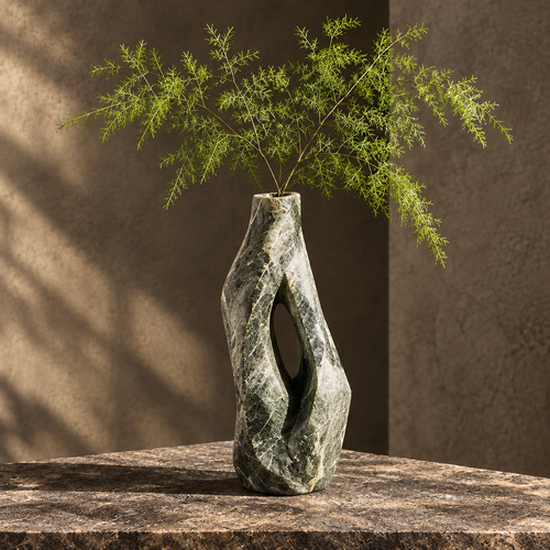 Green marble sculptural stone vase with oval void holding feathery fern stems on dark stone surface — clean product shot