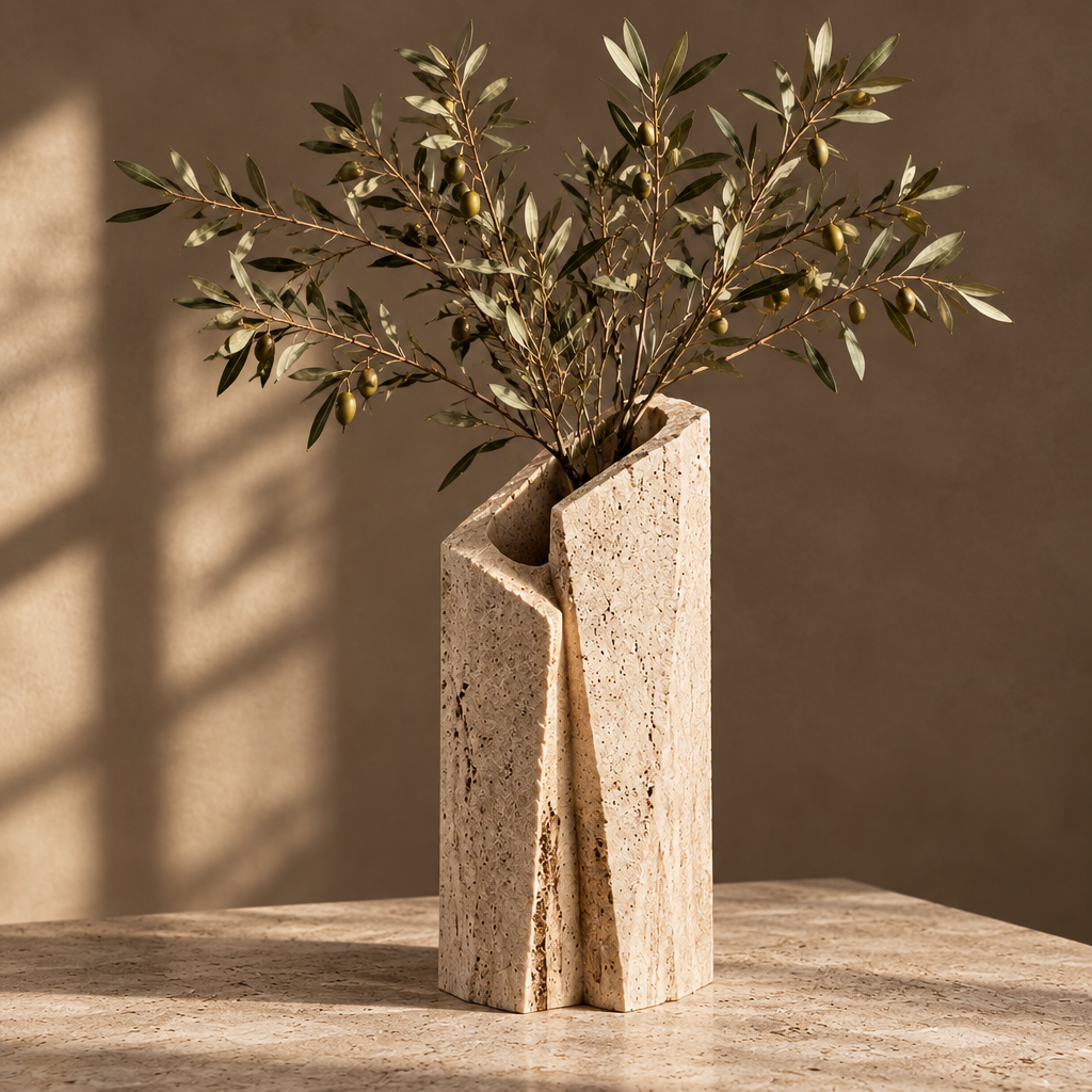 Dual-column travertine stone vase holding olive branches on marble surface — clean product shot