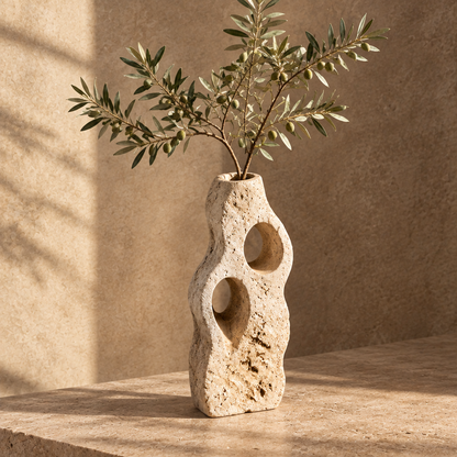 Natural travertine sculptural vase with dual circular cutouts holding olive branches on stone surface — clean product shot