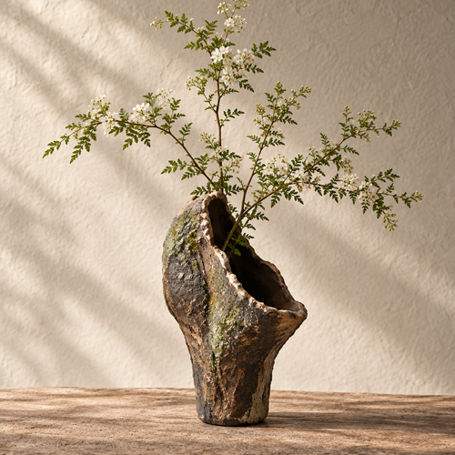 Organic sculptural ceramic vase with jagged rim holding white flowering branches against plaster wall — clean product shot