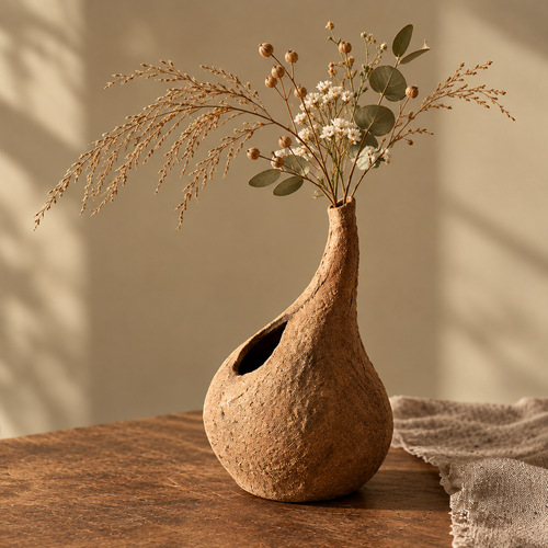 Wabi-sabi dual-opening clay vase holding dried grasses and eucalyptus on a wooden table — clean product shot