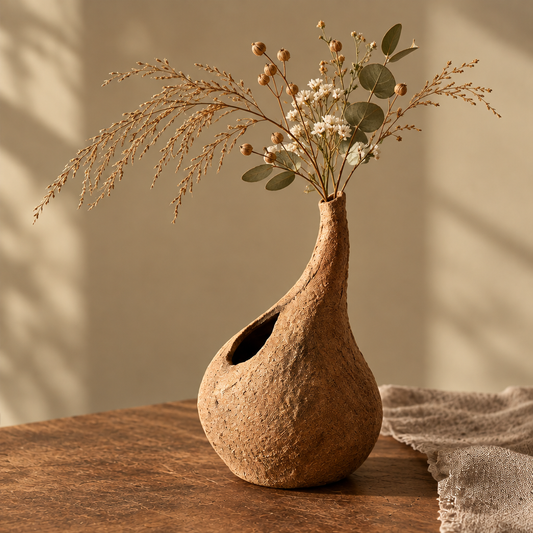 Wabi-sabi dual-opening clay vase holding dried grasses and eucalyptus on a wooden table — clean product shot
