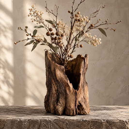 Raw driftwood hollow tree vase with irregular open top holding dried wildflowers on stone surface — clean product shot