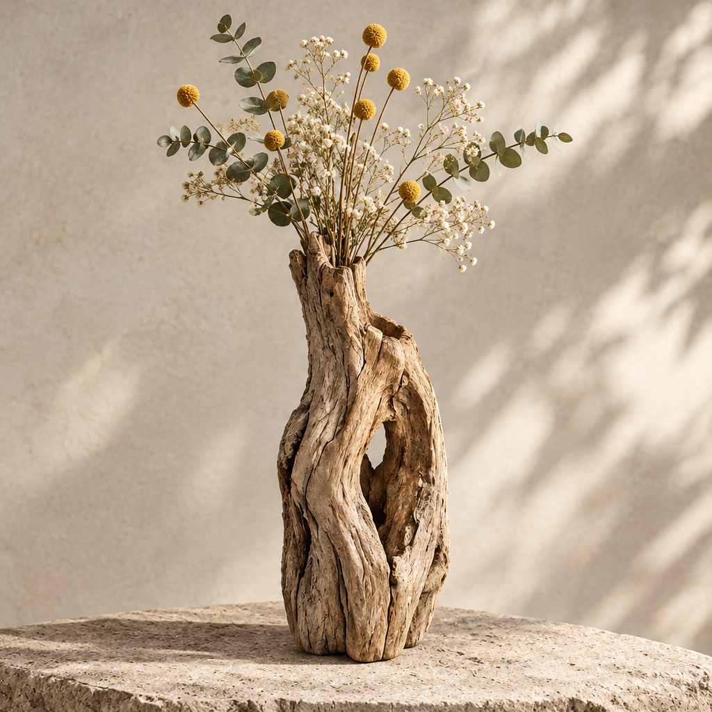 Twisted driftwood root sculptural vase with natural hollow holding dried craspedia and eucalyptus on stone surface — clean product shot