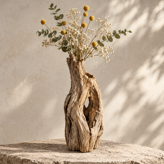 Twisted driftwood root sculptural vase with natural hollow holding dried craspedia and eucalyptus on stone surface — clean product shot