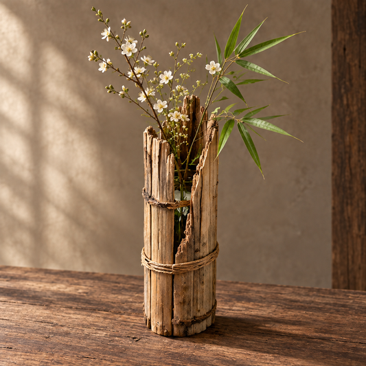 Rustic dried wood stave and rattan vine vase holding white cherry blossoms and bamboo leaves on wooden table — clean product shot