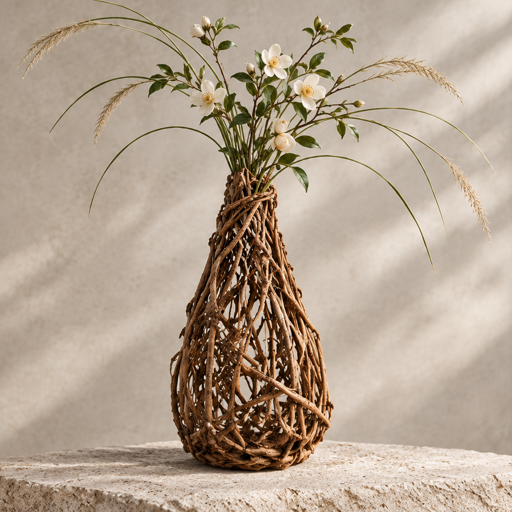 Woven natural branch teardrop vase with open lattice structure holding white flowers and pampas grass on stone surface — clean product shot