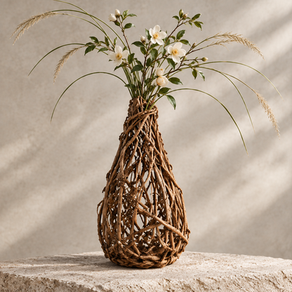 Woven natural branch teardrop vase with open lattice structure holding white flowers and pampas grass on stone surface — clean product shot