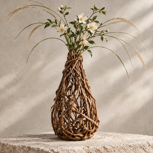 Woven natural branch teardrop vase with open lattice structure holding white flowers and pampas grass on stone surface — clean product shot