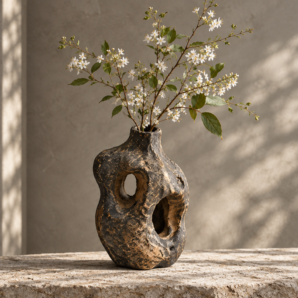 Dark tree root and bamboo rattan sculptural vase with two oval voids holding white flowering branches on stone surface — clean product shot