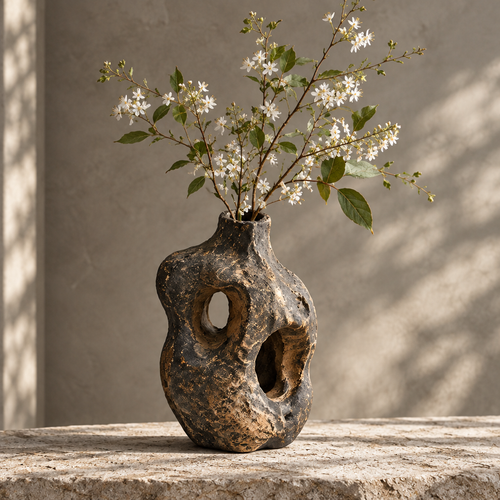 Dark tree root and bamboo rattan sculptural vase with two oval voids holding white flowering branches on stone surface — clean product shot