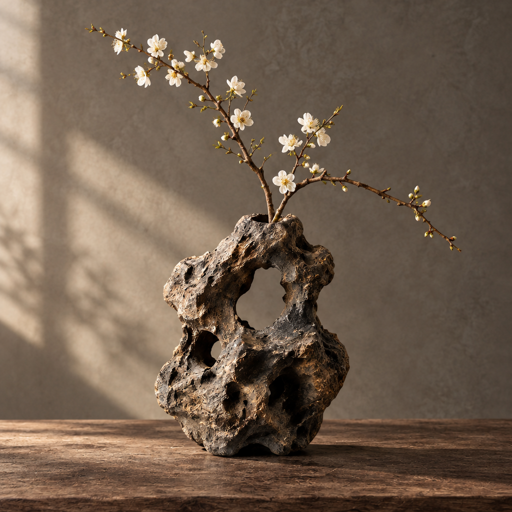 Honeycomb multi-void wood and bamboo rattan vase with dense perforated surface holding white cherry blossom branch — clean product shot